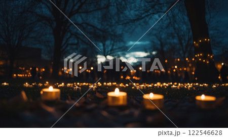 Hundreds of candles illuminate a park at dusk, with blurred figures in the background. 122546628