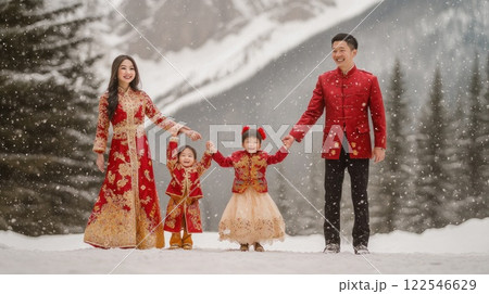 Happy Asian family in traditional red outfits enjoys snowy mountain scenery. 122546629