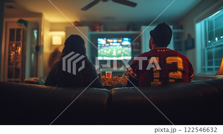 Couple watching football game on TV at home. 122546632