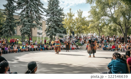 Indigenous dancers perform in a vibrant outdoor cultural festival, surrounded by a large, captivated audience. Indigenous dancers perform in a vibrant outdoor cultural festival, surrounded by a large, captivated audience. 122546639