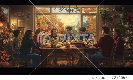 Family Thanksgiving dinner gathered around a table, enjoying a warm autumn meal together in a cozy home. 122546679