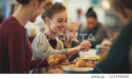 Happy young women volunteering at a food bank, serving food to children and families in need. 122546680