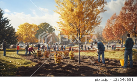 Volunteers planting trees in a park during autumn. 122546681