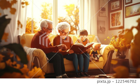 Grandparents reading book to grandson on autumnal sofa. 122546702