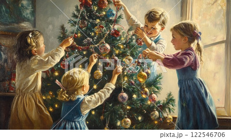 Four children joyfully decorate a Christmas tree together in a sunlit room, embodying holiday cheer and family togetherness. 122546706