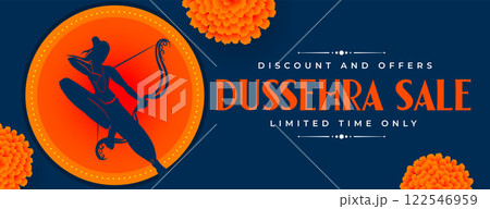 happy dussehra sale banner with realistic flowers 122546959