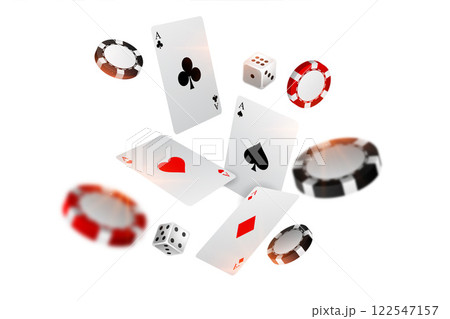 playing casino card chips and dice flying background playing casino card chips and dice flying background 122547157