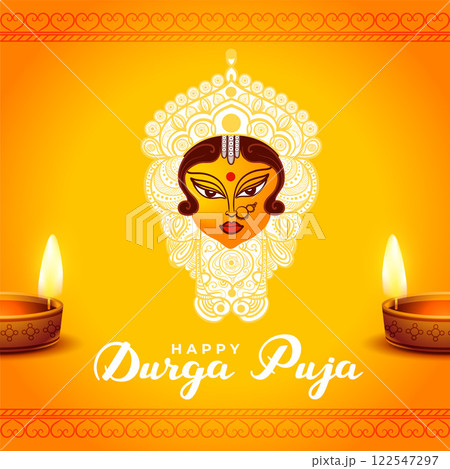 durga pooja festival card with realistic diya 122547297