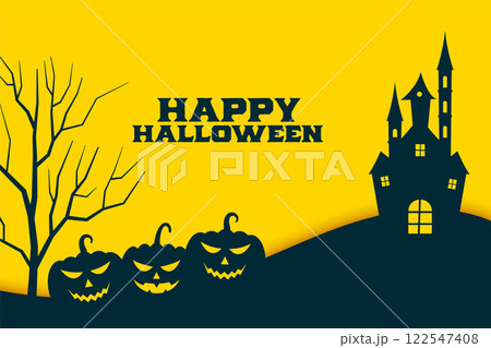 flat happy halloween yellow background with pumpkin and castle flat happy halloween yellow background with pumpkin and castle 122547408