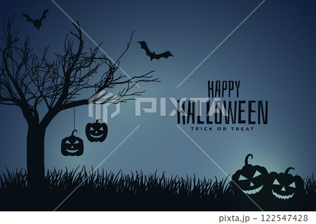 scary night halloween scene with pumpkin and tree scary night halloween scene with pumpkin and tree 122547428