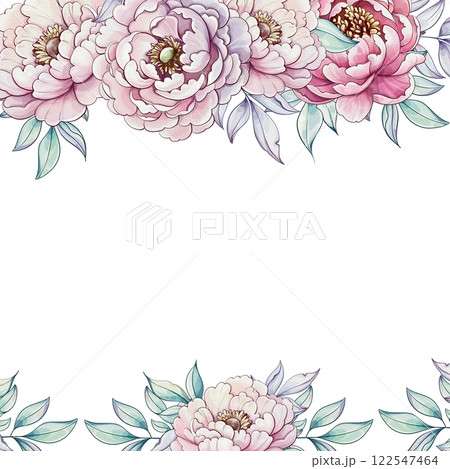 Vibrant peonies bloom gracefully in soft watercolor hues, creating a delicate frame that enhances the serene backdrop template, background 122547464