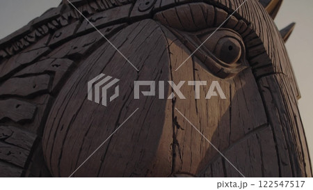 Majestic wooden horse head watching the horizon 122547517
