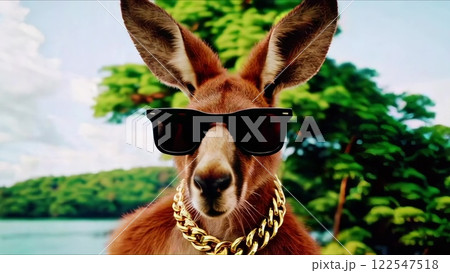 Cool kangaroo wearing sunglasses and gold chain necklace 122547518