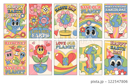 National Earth day ecology campaign promotional save planet banner in groovy hippie design set 122547806