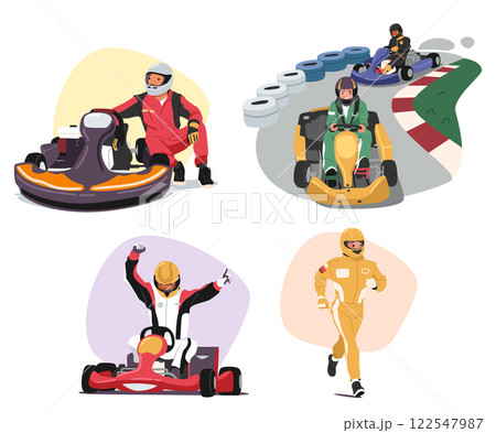 Isolated cartoon scene of go-cart racers engaged in various situation on karting road track Isolated cartoon scene of go-cart racers engaged in various situation on karting road track 122547987