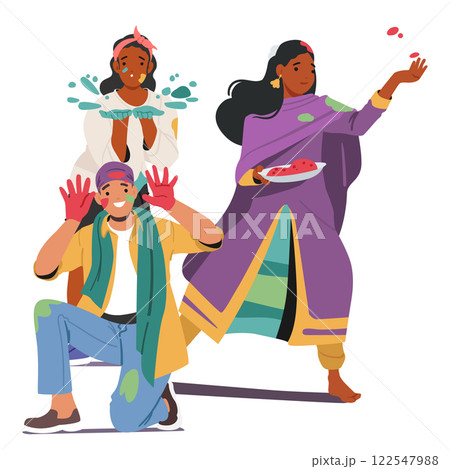 People in spotted clothes participate Holi festival Indian paint party event spraying colored powder 122547988