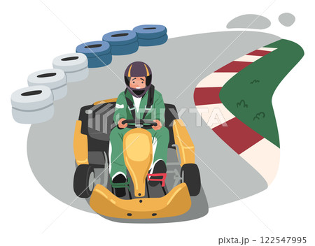 Motorsport driver cartoon character participating extreme go-carting race activity driving karting 122547995