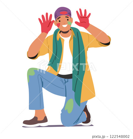 Happy man wearing dirty spotted clothing showing painted hands rejoicing Holi festival celebration 122548002