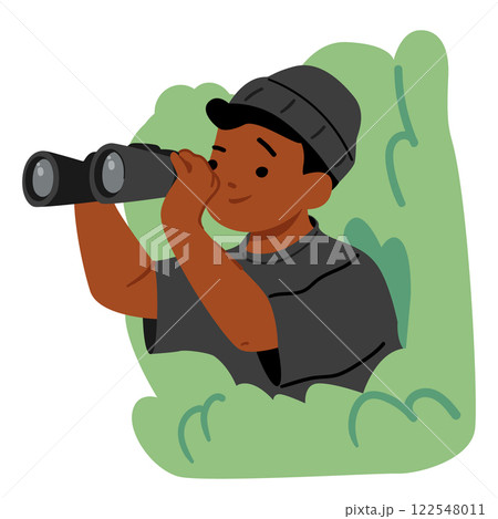 Little boy child cartoon character looking through binocular playing spy game hiding behind bushes 122548011