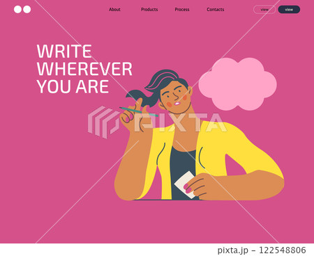 Writing people, modern flat vector concept illustration- sitting woman thoughtfully writing on paper, bubble near head Metaphor for reflection, personal insight, contemplation, creative expression 122548806