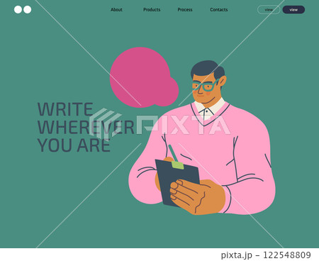 Writing people, modern flat vector concept illustration- standing man thoughtfully writing on clipboard, bubble near head Metaphor for reflection, personal insight, contemplation, creative expression 122548809