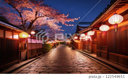 夜桜と提灯の灯り – 京都の幻想的な夜景 122549651
