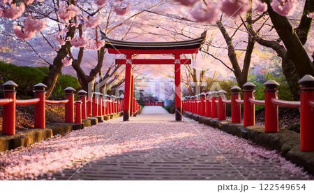 桜舞う参道 – 日本の神秘的な神社風景 桜舞う参道 – 日本の神秘的な神社風景 122549654