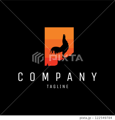 Isolated chicken logo with an upright view standing proudly against a stunning sunset background. best for logos, t-shirts, vectors, animal industry. 122549784