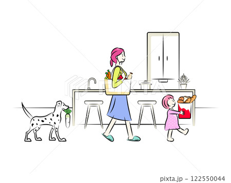 買い物帰りの主婦と女の子,ペットの犬のダルメシアン｜家族シリーズ 122550044
