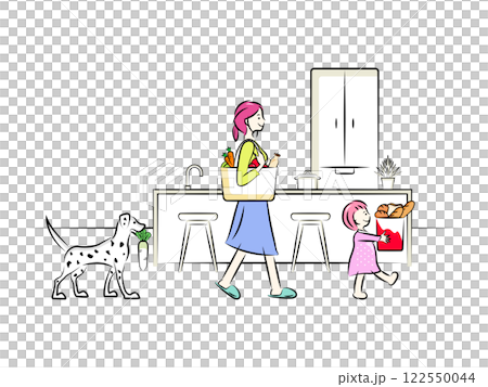 買い物帰りの主婦と女の子,ペットの犬のダルメシアン｜家族シリーズ 122550044