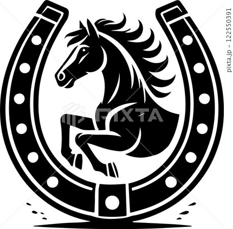horse head design for equestrian design, horse head with a bridle is depicted inside a horseshoe on a black background 122550391
