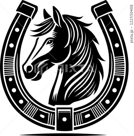 horse head design for equestrian design, horse head with a bridle is depicted inside a horseshoe on a black background 122550408