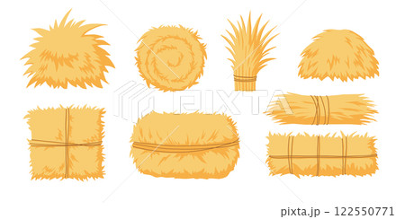 Cartoon agricultural haycocks. Bale of hay, rural haystack, rolled stack and fodder straw, dried farm haystacks flat vector illustration set on white 122550771