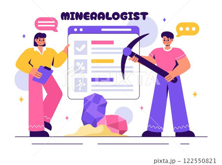 Vector Illustration of a Mineralogist Examining Natural Stones and Mineral Structures for Jewelry Making or Chemical Reactions in a Flat Background 122550821
