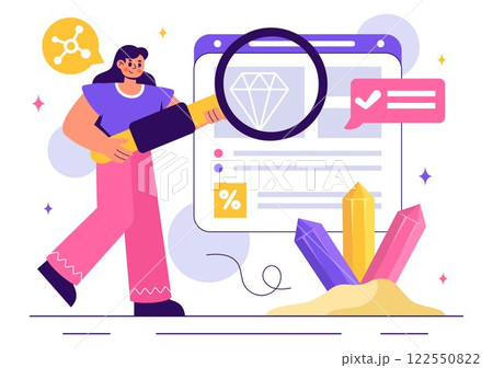 Vector Illustration of a Mineralogist Examining Natural Stones and Mineral Structures for Jewelry Making or Chemical Reactions in a Flat Background 122550822
