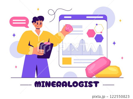 Vector Illustration of a Mineralogist Examining Natural Stones and Mineral Structures for Jewelry Making or Chemical Reactions in a Flat Background 122550823