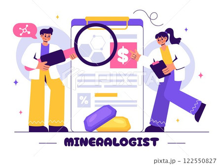Vector Illustration of a Mineralogist Examining Natural Stones and Mineral Structures for Jewelry Making or Chemical Reactions in a Flat Background 122550827