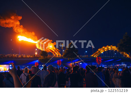 Fame on fire show on Dragon Bridge or Cau Rong Bridge in Da Nang in Vietnam in Asia at night 122551219