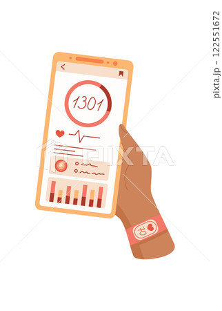 Smartphone held in hand displays health application. Mobile device shows fitness tracker with health data. Digital app provides detailed statistics on physical activity, digital style, suitable for 122551672