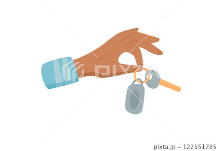 Hand gesture icon. Female hand holds key, symbolizing exchange. Perfect for concepts related to people and objects, this flat sticker style serves as a versatile element in graphic design. 122551785