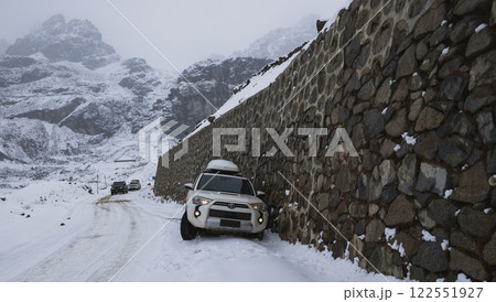 Driving Toyota off road car on the high altitude mountains 122551927