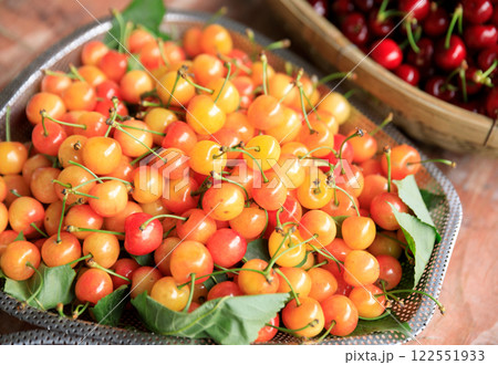 Fresh red cherry fruits in a container 122551933