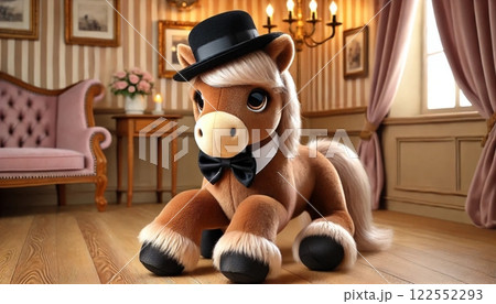 シルクハットと蝶ネクタイを身につけたエレガントなポニー 122552293