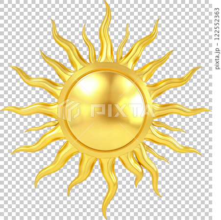 反射する表面と曲線の光線を持つ金色の太陽 122552363