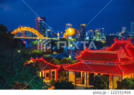 Night view of Da Nang city with Dragon Bridge in Vietnam Night view of Da Nang city with Dragon Bridge in Vietnam 122552408