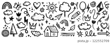 Kid crayon chalk line cloud, flower children sticker set. Hand drawn crayon doodle sketch childish cute element set. Chalk star, heart, flower color cute element background. Vector 122552709