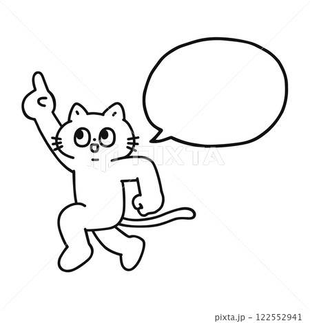 指差ししながらジャンプするゆかいな猫と吹き出し　線画 122552941