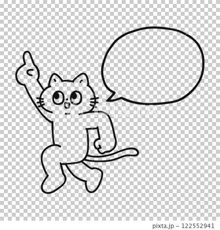 指差ししながらジャンプするゆかいな猫と吹き出し　線画 122552941
