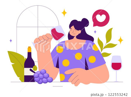 Wine Tasting Illustration featuring People Holding Wine Glasses with Bottles and Grapes for Tasting, Drinking, Swirling, and Savoring the Aroma 122553242