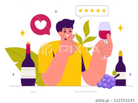 Wine Tasting Illustration featuring People Holding Wine Glasses with Bottles and Grapes for Tasting, Drinking, Swirling, and Savoring the Aroma 122553243